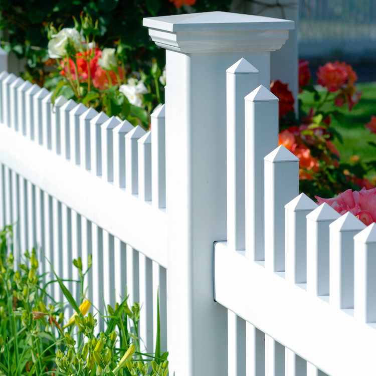 This Beautiful American Dream White Picket Fence Style V706-4 by Illusions Vinyl Fence is a Perfect Example of How Your Fence Can Add Curb Appeal to Your Home. #fenceideas #curbappeal #americandream